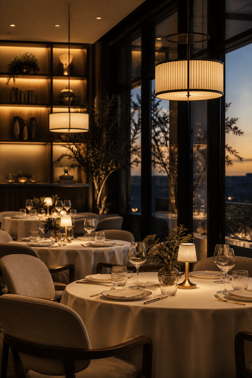 Luxury restaurant dining room with warm evening lighting